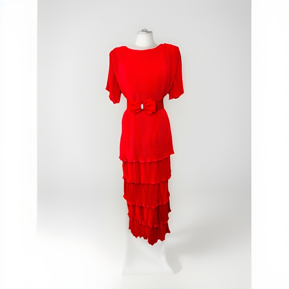 60's Vintage Maxi Red Tiered Micro‎ Pleat Dress with Bow Belt